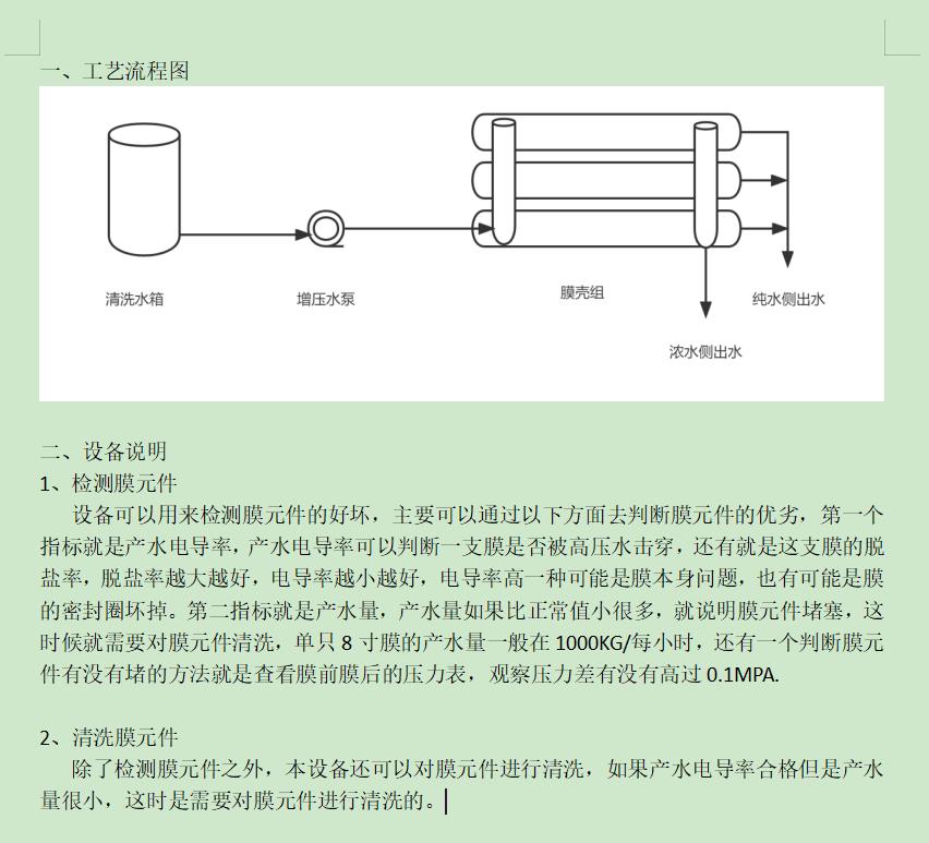 祁东ro洗膜机工艺流程图及工艺说明